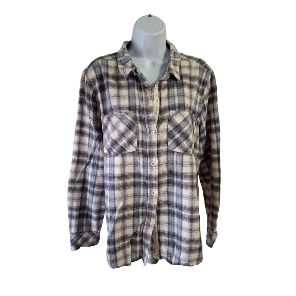 Holding Horses Womens XL Plaid Shirt Lace Back Boho Grunge Flannel Top